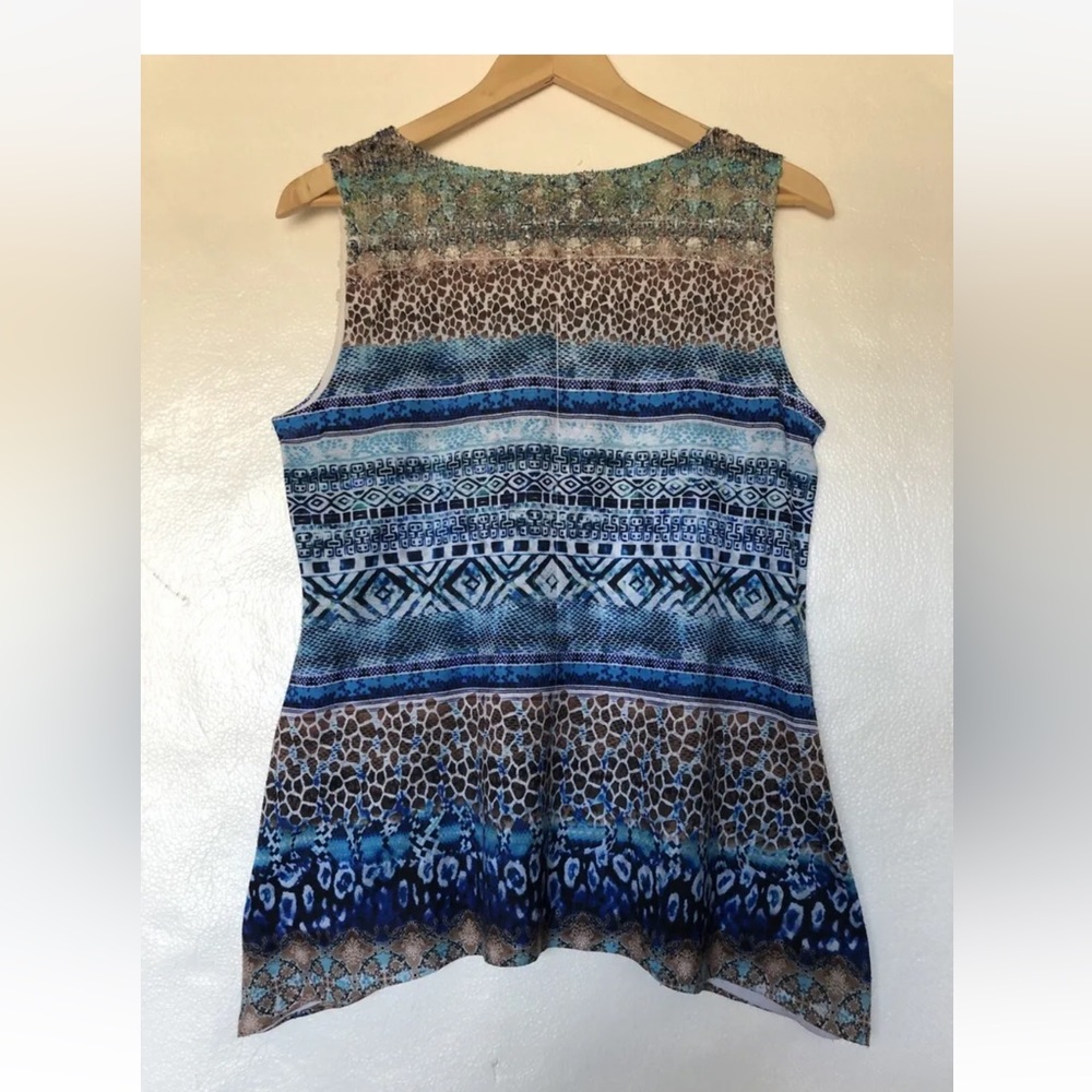 BLEU Blue Brown Multi Print Sleeveless Shirt M